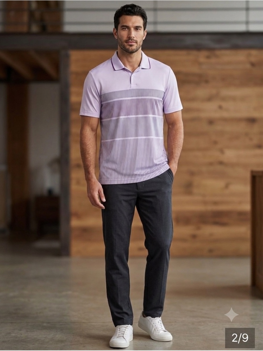 adidas Men’s Lavender Polo with Navy Pinstripe Accents